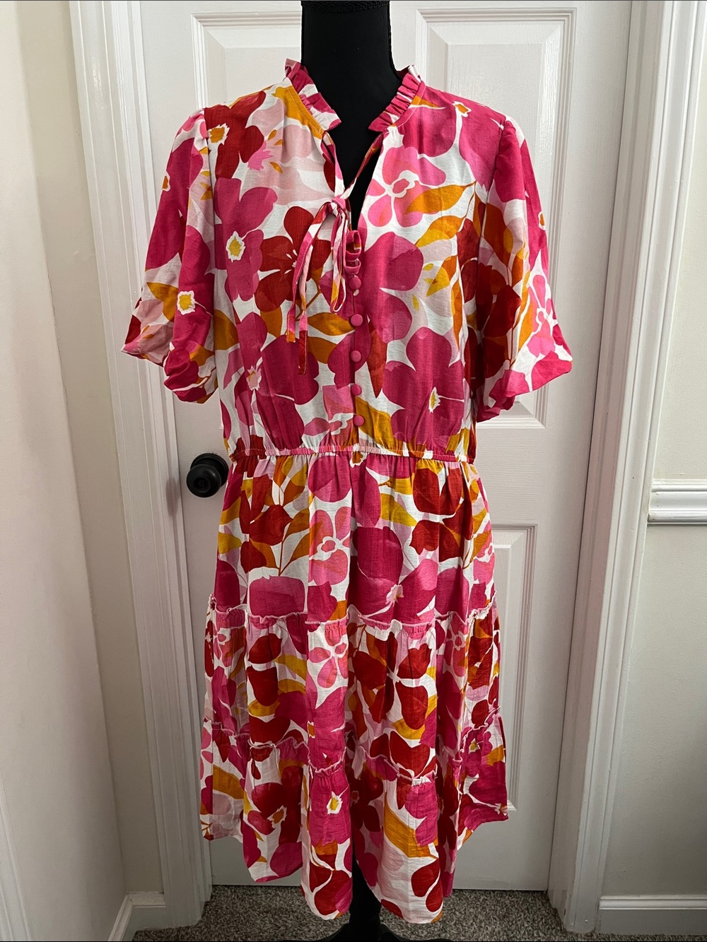 Tiered Tie-Neck Midi Dress in Bright Pink Floral